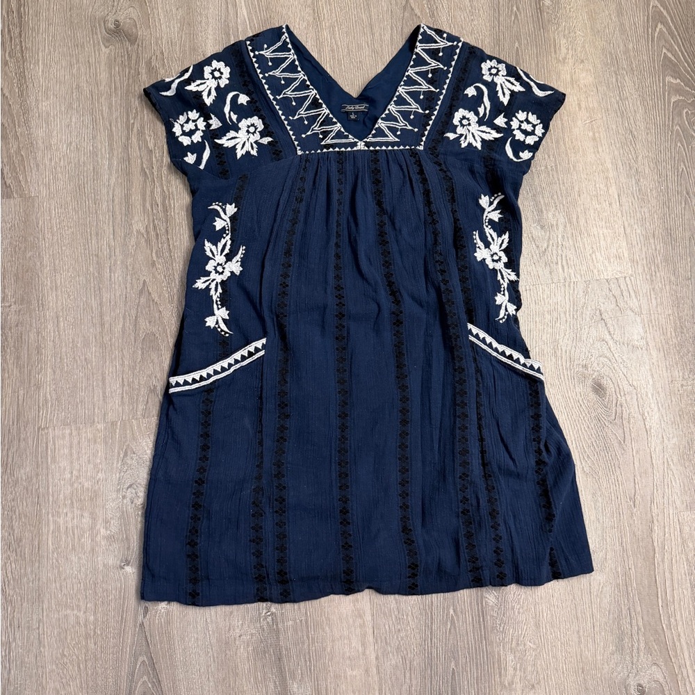 Lucky Brand Navy Blue Embroidered Mini Dress with White Floral Accents Size:L